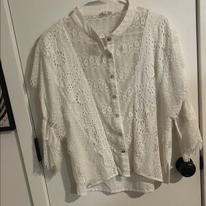 POL White Lace Button-Up Blouse